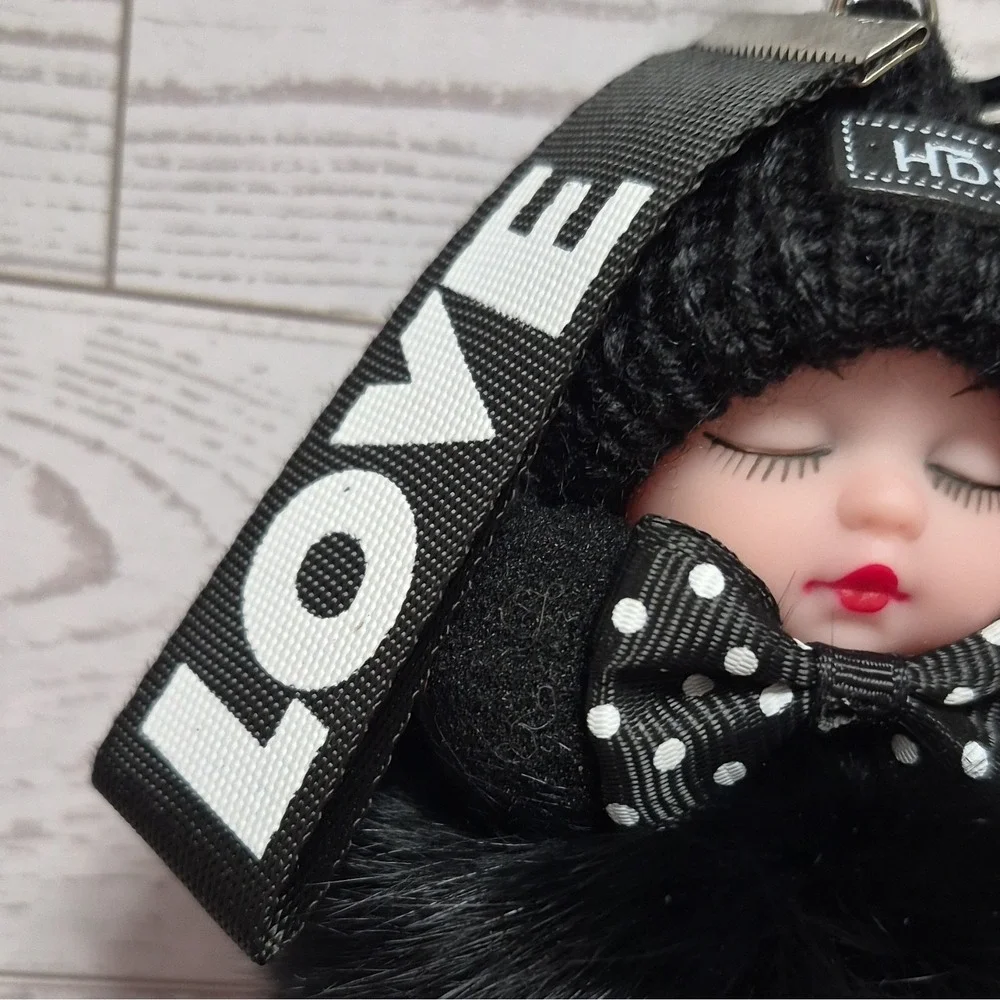 Hdsp Black Faux Fur Doll sleeping Pom Pom Key Chain Polka Dot Bow LOVE Strap